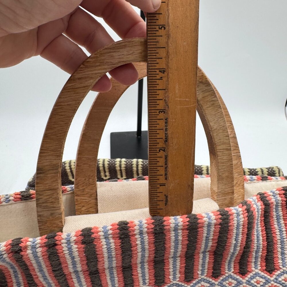 J Jill Multicolored Woven Cotton Tote Bag with Wood Handles Boho bohemian summer - Picture 12 of 15
